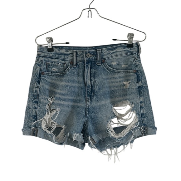 American Eagle Mom Shorts Cutoff Distressed Blue Denim Shorts sz 4 - Picture 1 of 12